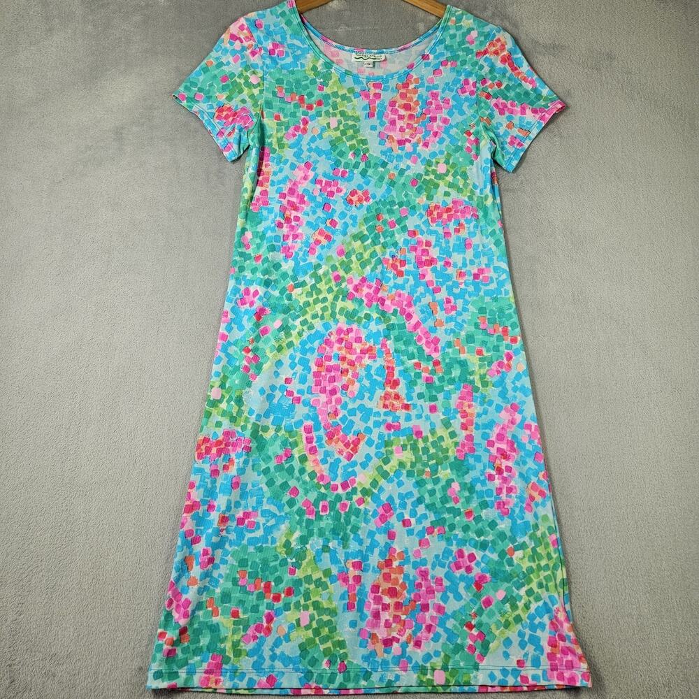 Sea Waves T Shirt Dress Womens Sz S Blue Pink Knee Length Beach Summer Vacation